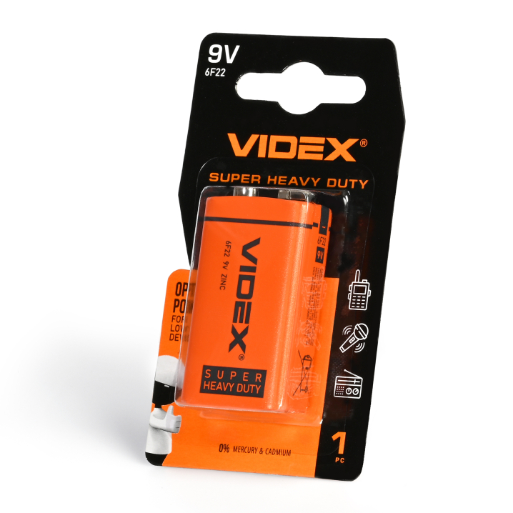 Батарейка сольова VIDEX 6F22/9V (Крона) 1шт SMALL BLISTER