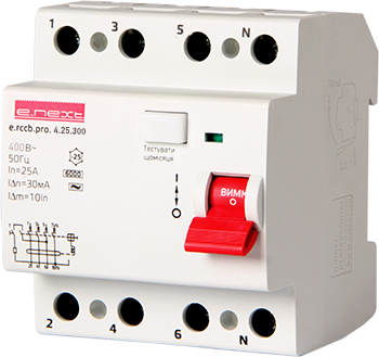 Вимикач диференціального струму e.rccb.pro.4.25.300, 4р, 25А, 300мА