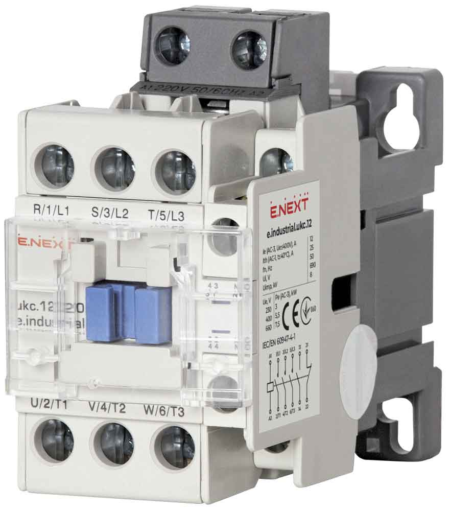 Контактор e.industrial.ukc.12.220, 12А, 220В, no+nc