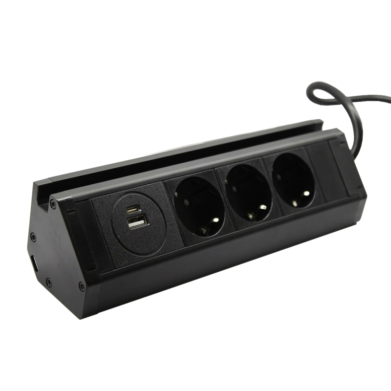 Меблева розетка кухонна (горизонтальна) 3 x 16 А , USB A+C 3,4 А, метал + провід 3 x 1.5 m
