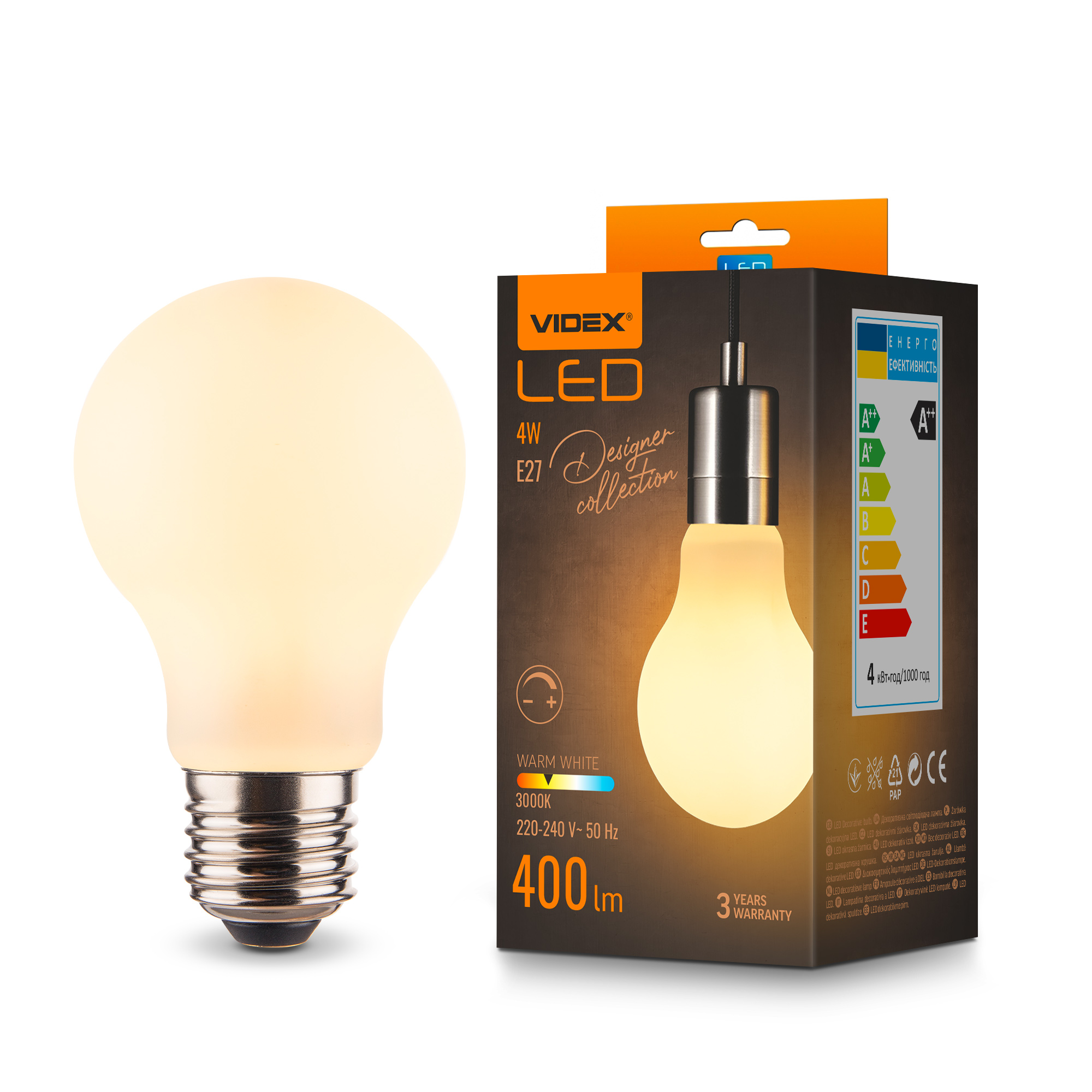 LED лампа VIDEX Filament VL-DA60MO 4W E27 3000K Porcelain dimmable
