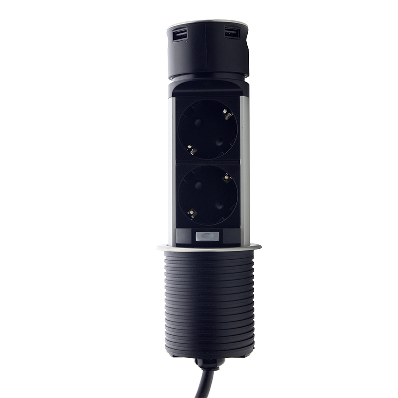 Меблева розетка (вертикальна) 2 x 16A, 2 x USB 2.4A, метал + провід 3 x 1.5 mm²
