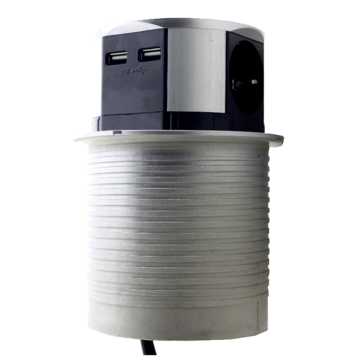 Меблева розетка 3 x 16A, 2 x USB 2.4A, метал + провід 3 x 1.5 mm²