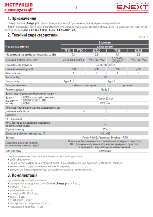 Станція для заряду електромобілів e.charge.pro.7T1C 7,4кВт 230В 32A Type1 кабель 5м IP54