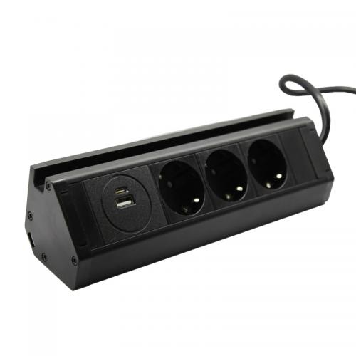 Меблева розетка кухонна (горизонтальна) 3 x 16 А , USB A+C 3,4 А, метал + провід 3 x 1.5 m