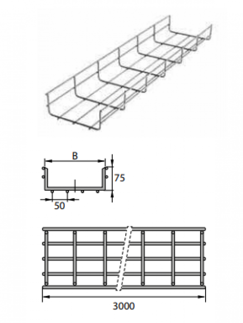 Дротовий лоток 75х100 довжина 3000 мм, нержавіюча сталь