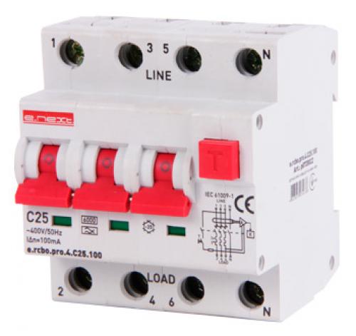 Вимикач диф. струму з захистом від надструмів e.rcbo.pro.4.C25.100,3P+N,25А, С,тип А,100мА