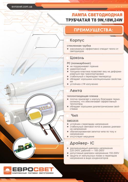 Лампа EVROLIGHT L-1500 2200лм 6400к 24вт G13 T8 трубчаста LED