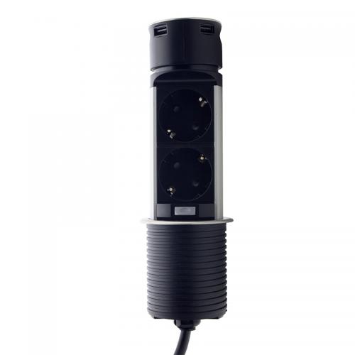 Меблева розетка (вертикальна) 2 x 16A, 2 x USB 2.4A, метал + провід 3 x 1.5 mm²