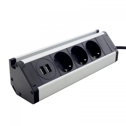 Меблева розетка (горизонтальна) 3 x 16A, 2 x USB 2.4A, метал + провід 3 x 1.5 mm²