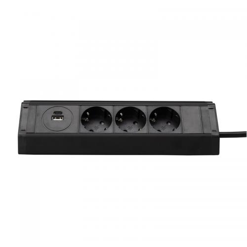 Меблева розетка кухонна (горизонтальна) 3 x 16 А , USB A+C 3,4 А, метал + провід 3 x 1.5 m