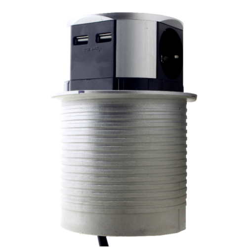 Меблева розетка 3 x 16A, 2 x USB 2.4A, метал + провід 3 x 1.5 mm²