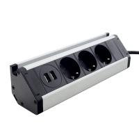 Меблева розетка (горизонтальна) 3 x 16A, 2 x USB 2.4A, метал + провід 3 x 1.5 mm² Меблева розетка (горизонтальна) 3 x 16A, 2 x USB 2.4A, метал + провід 3 x 1.5 mm²